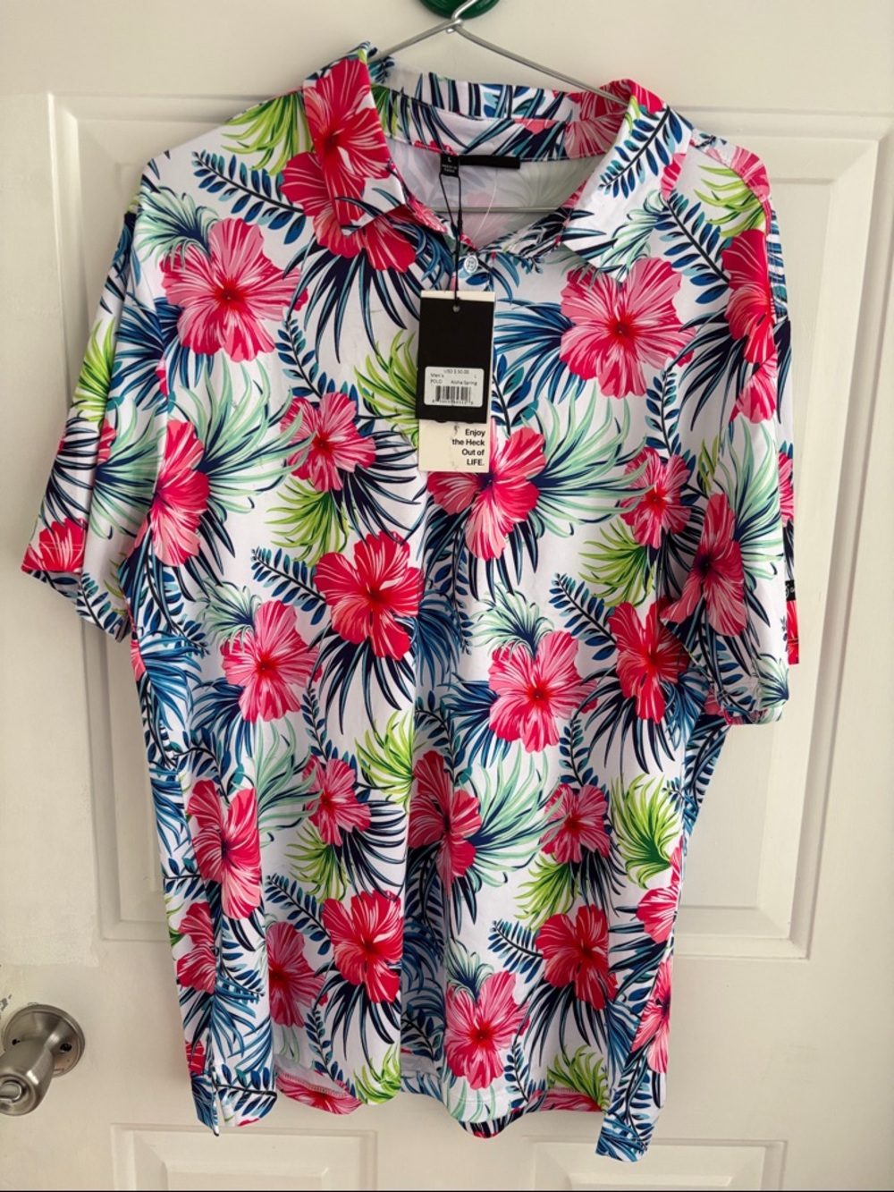 Men's Floral Polo Shirt - White with Pink & Blue Tropical Print